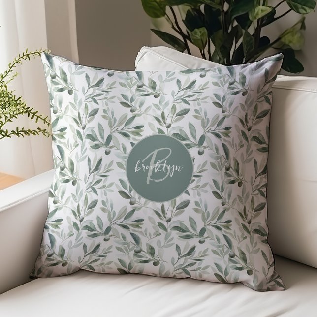 Salie Groene Monogram Rustieke Olijf Patroon Kussen (Creator heeft geüpload)