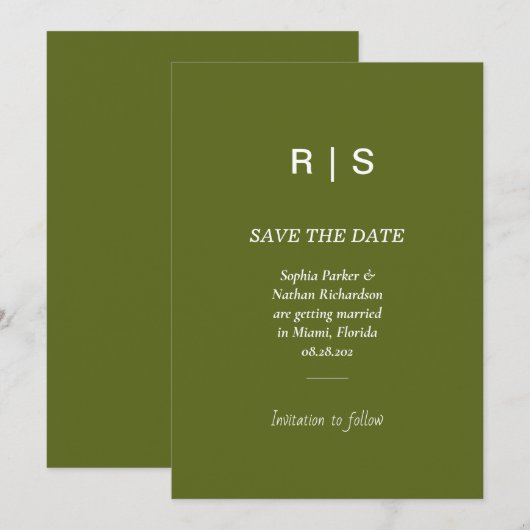 Salie Groene Monogram Save the Date Kaart (Voorkant / Achterkant)