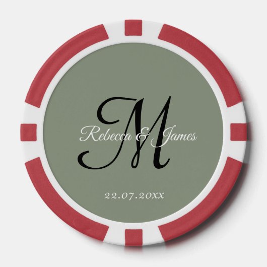 Salie Groene Monogram Script Naam Bruiloft Poker Chips (Voorkant)
