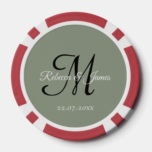 Salie Groene Monogram Script Naam Bruiloft Poker Chips (Achterkant)