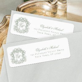 Salie Groene Monogram Wapen Huwelijks Retouradres Etiket