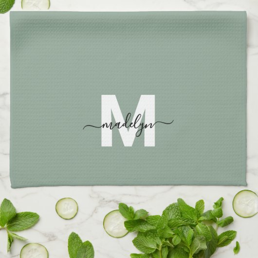 Salie Groene Naam Monogram Theedoek (Gevouwen)