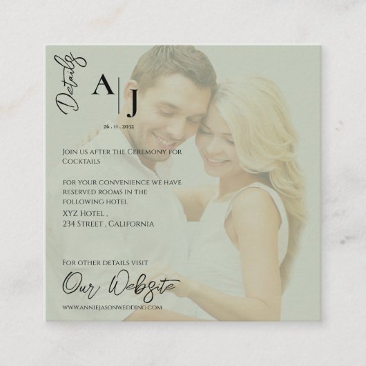 Salie Groene Nep Vellum Foto Huwelijksdetails Informatiekaartje (Voorkant)
