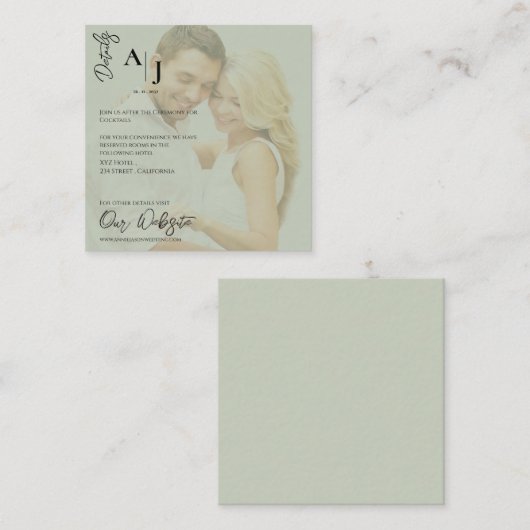 Salie Groene Nep Vellum Foto Huwelijksdetails Informatiekaartje (Voorkant / Achterkant)