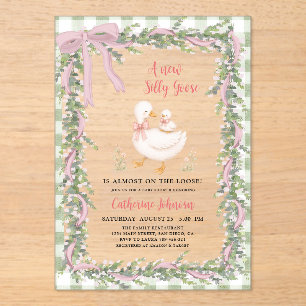 Salie Groene Nieuwe Domme Gans Gingham Baby Shower Acryl Uitnodigingen