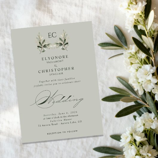 Salie Groene Olijftak Monogram Bruiloft Kaart