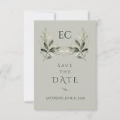 Salie Groene Olijftak Monogram Bruiloft Save The Date (Voorkant)