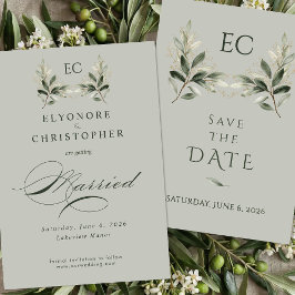 Salie Groene Olijftak Monogram Bruiloft Save The Date