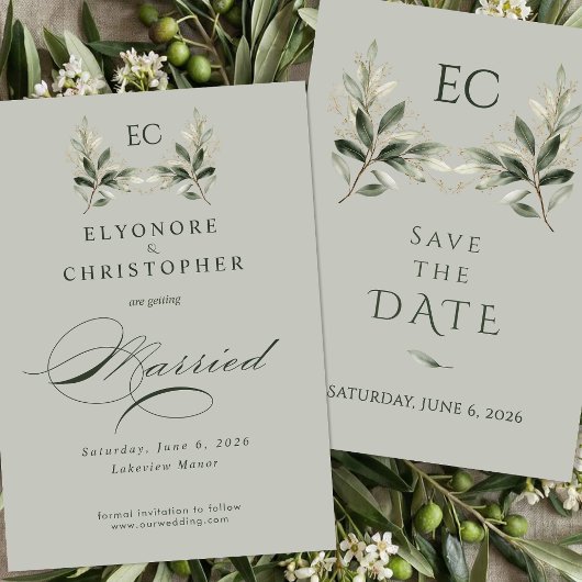 Salie Groene Olijftak Monogram Bruiloft Save The Date