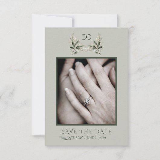 Salie Groene Olijftak Monogram Foto Bruiloft Save The Date (Voorkant)