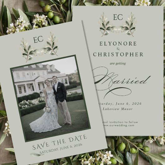 Salie Groene Olijftak Monogram Foto Bruiloft Save The Date