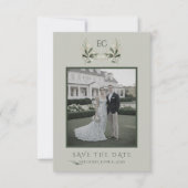Salie Groene Olijftak Monogram Foto Bruiloft Save The Date (Voorkant)