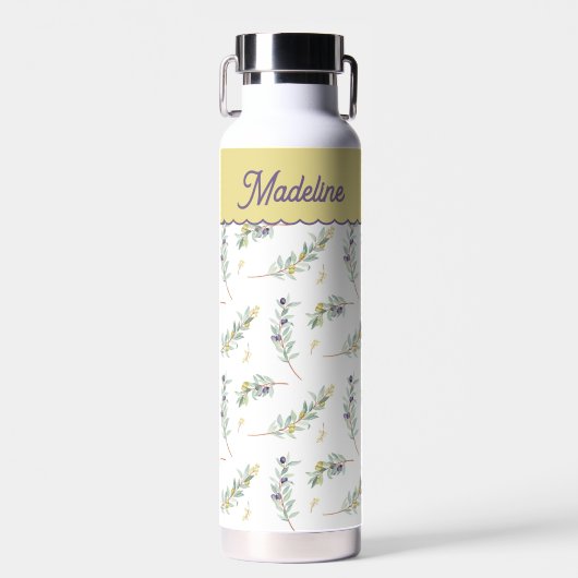 Salie Groene Olijftak Monogram Naam Waterfles (Voorkant)