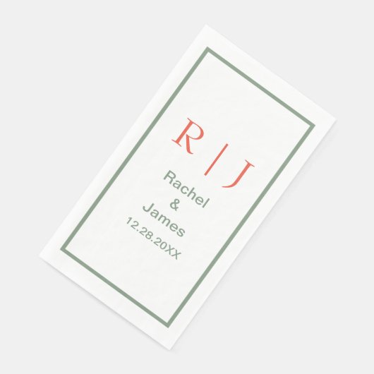 Salie Groene Oranje Monogram Naam Eenvoudige Trouw Servet (Hoek)