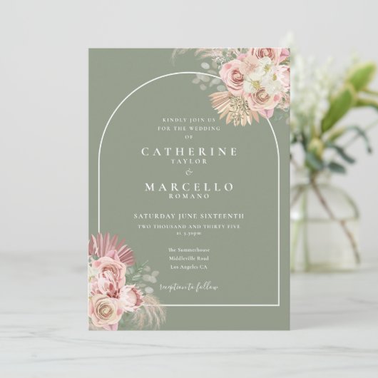 Salie Groene Pampas Gras Boho Boog Bloem Kaart (Staand voorkant)