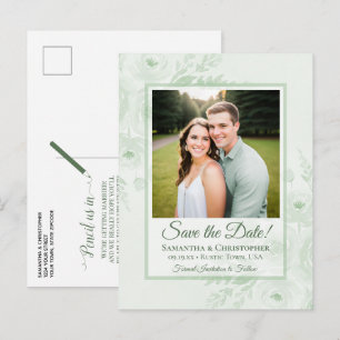 Salie Groene Pioenrozen & Foto Trouw Save the Date Aankondigingskaart
