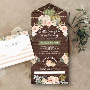Salie Groene Pompoen Perzik Bloem Hout Baby Shower All In One Uitnodiging