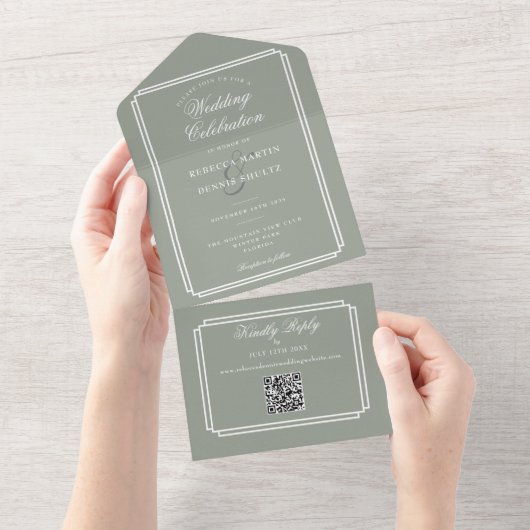 Salie Groene QR Code Art Deco Monogram Huwelijk All In One Uitnodiging (Afscheurbaar)