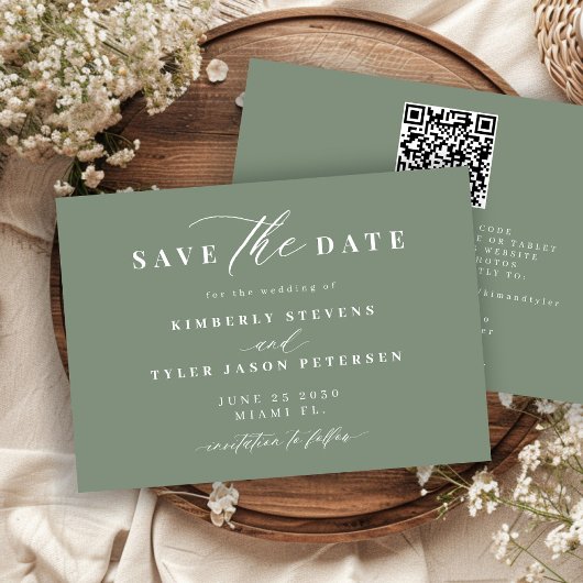 Salie groene QR-code eenvoudig elegante trouw Save The Date