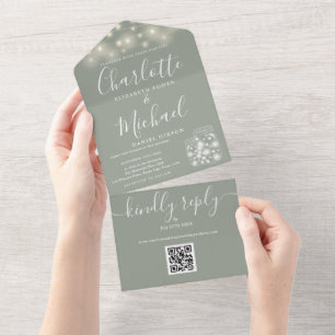 Salie Groene QR Code Metselwerk Pot String Lichtje All In One Uitnodiging
