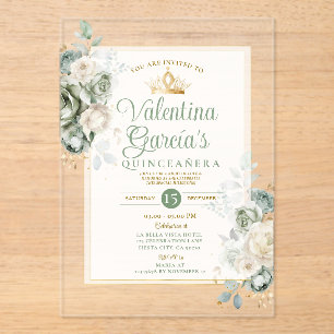 Salie Groene Quinceañera 15 Jaar Bloemen Gouden Kr Acryl Uitnodigingen