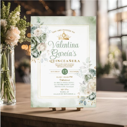 Salie Groene Quinceañera 15 Jaar Bloemen Gouden Kr Kaart