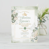 Salie Groene Quinceañera 15 Jaar Bloemen Gouden Kr Kaart (Staand voorkant)