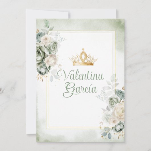 Salie Groene Quinceañera 15 Jaar Bloemen Gouden Kr Kaart (Achterkant)