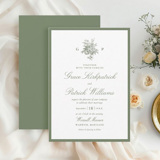 Salie Groene Rand Klassieke Monogram Bruiloft Kaart