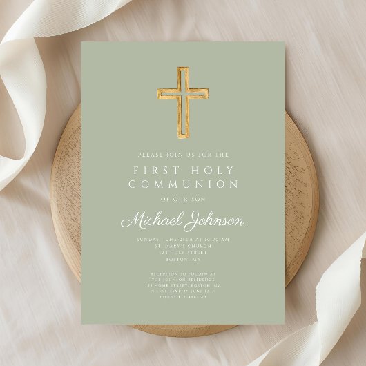 Salie Groene Religieus Kruis Jongen Eerste Communi Kaart
