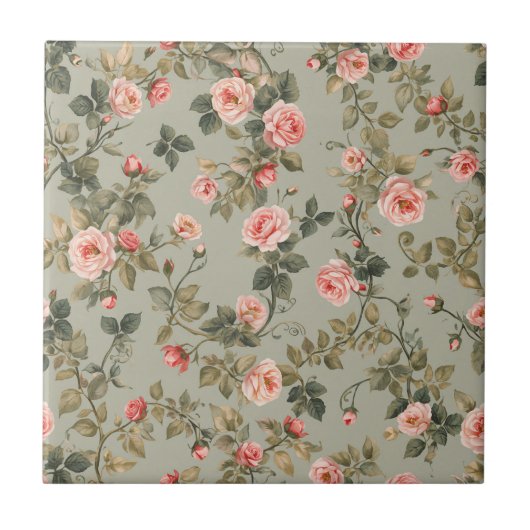 Salie Groene Retro Maximalistische Bloem Tegeltje (Voorkant)