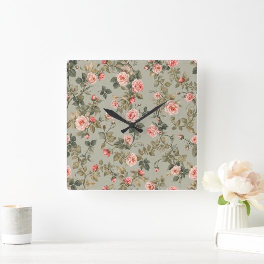 Salie Groene Retro Maximalistische Bloem Vierkante Klok (Huis)