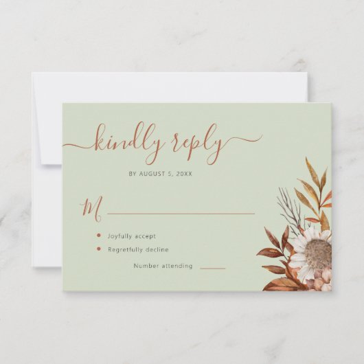Salie groene roest blad boho bloemige bruiloft RSVP kaartje (Voorkant)