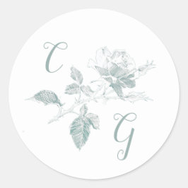 Salie Groene Roos Lijn Kunst Monogram Trouwen Ronde Sticker