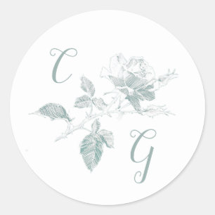 Salie Groene Roos Lijn Kunst Monogram Trouwen Ronde Sticker