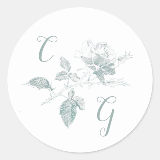 Salie Groene Roos Lijn Kunst Monogram Trouwen Ronde Sticker (Voorkant)