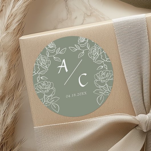 Salie Groene Roos Trouw Monogram Koppel Initialen Ronde Sticker