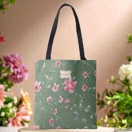 Salie groene roze bloemenpatroon trendy klassieker tote bag