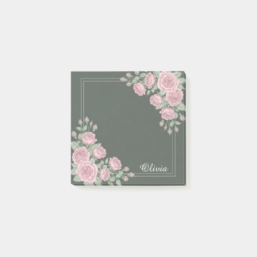 Salie Groene & Roze Bloemige Gepersonaliseerde Pla Post-it® Notes (Voorkant)