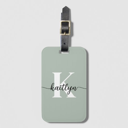 Salie Groene Script Monogram Bagagelabel (Voorkant (verticaal))