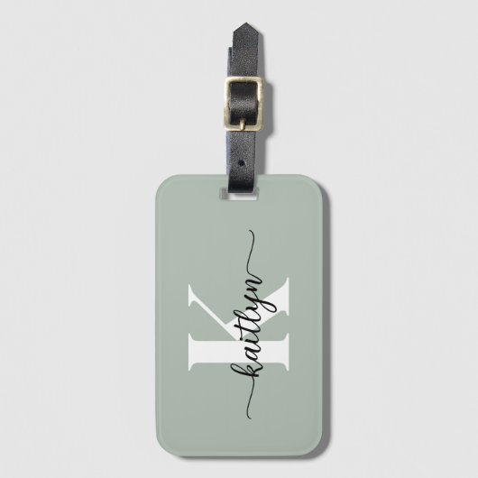 Salie Groene Script Monogram Bagagelabel (Voorkant (verticaal))