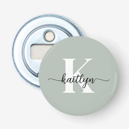 Salie Groene Script Monogram Button Flesopener (Voorkant)