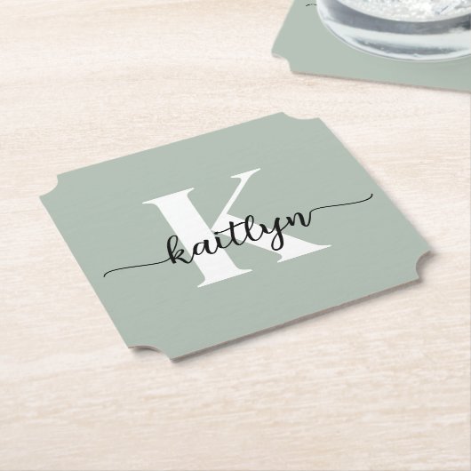 Salie Groene Script Monogram Kartonnen Onderzetters (Gekanteld)