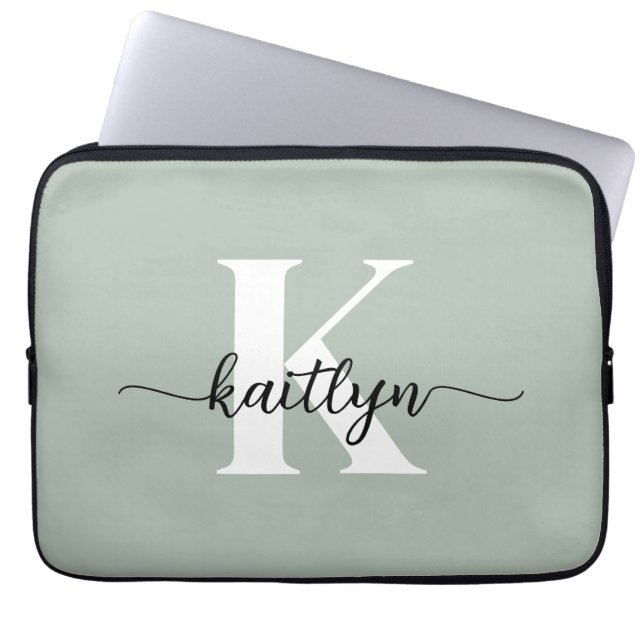 Salie Groene Script Monogram Laptop Sleeve (Voorkant)