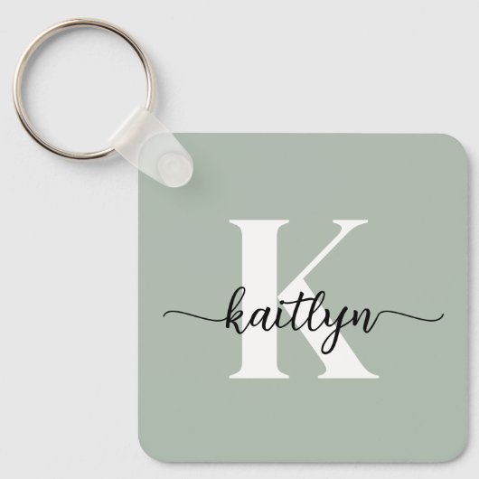 Salie Groene Script Monogram Sleutelhanger (Voorkant)