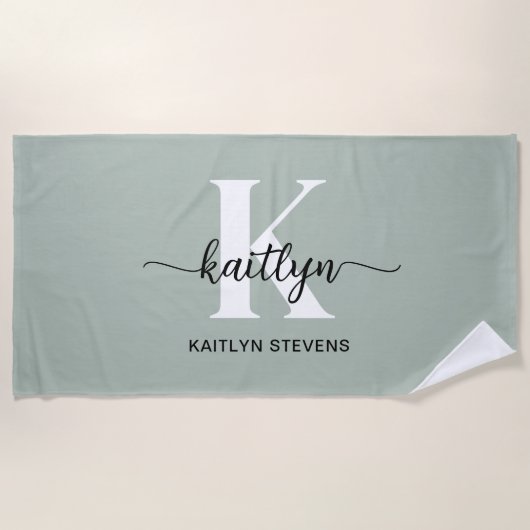 Salie Groene Script Monogram Strandlaken (Voorkant)