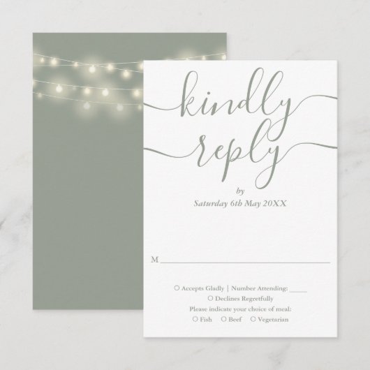 Salie Groene Script Snaar Lichtjes Bruiloft RSVP Kaartje (Voorkant / Achterkant)
