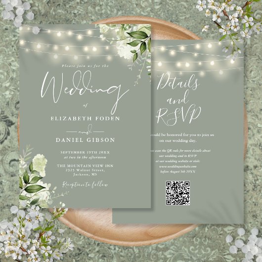 Salie Groene Slingerlichten Bloem QR Code Trouwen Kaart