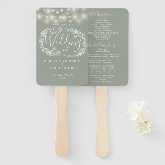 Salie Groene Slingerlichten Huwelijksprogramma Handwaaier (Voorkant en achterkant)