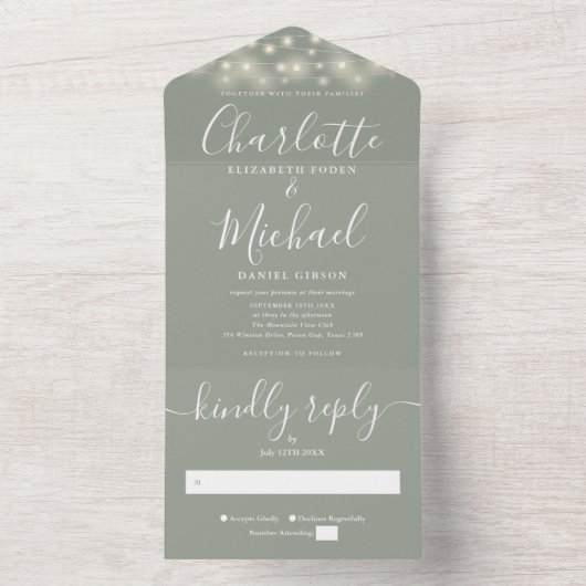 Salie Groene Slingerlichtjes Moderne Script Bruilo All In One Uitnodiging (Binnen)